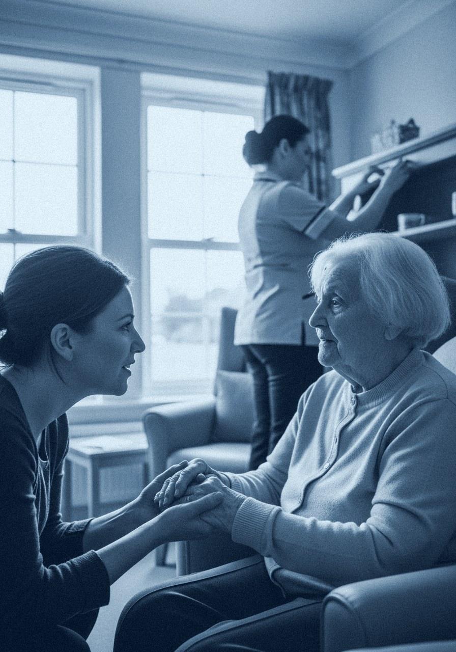 A younger woman holding an older woman's hands in a care home lounge, navy duotone