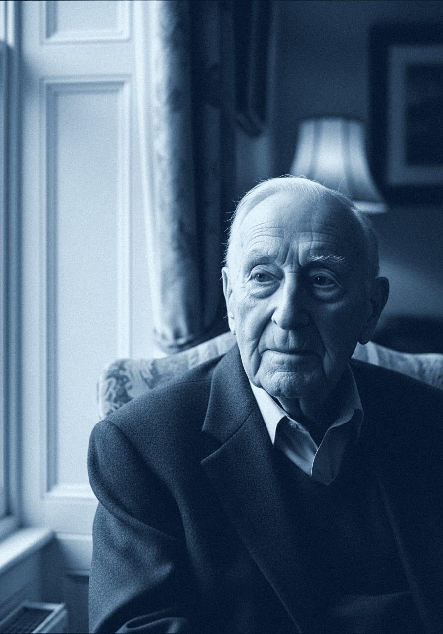 An elderly man seated by a window in a sitting room, navy duotone