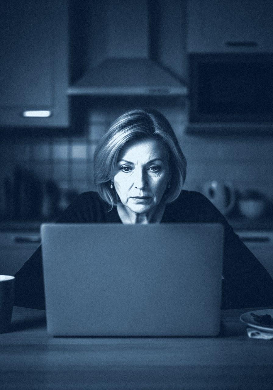 A woman at a kitchen table late at night, searching on a laptop, navy duotone
